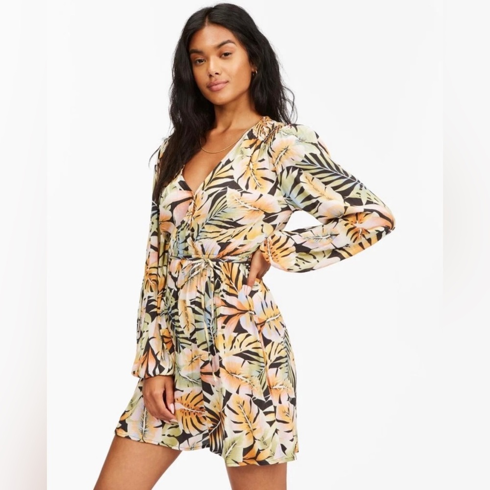 BILLABONG Spring Romance Print Long Sleeve Wrap Dress Tropical Mini Size XS